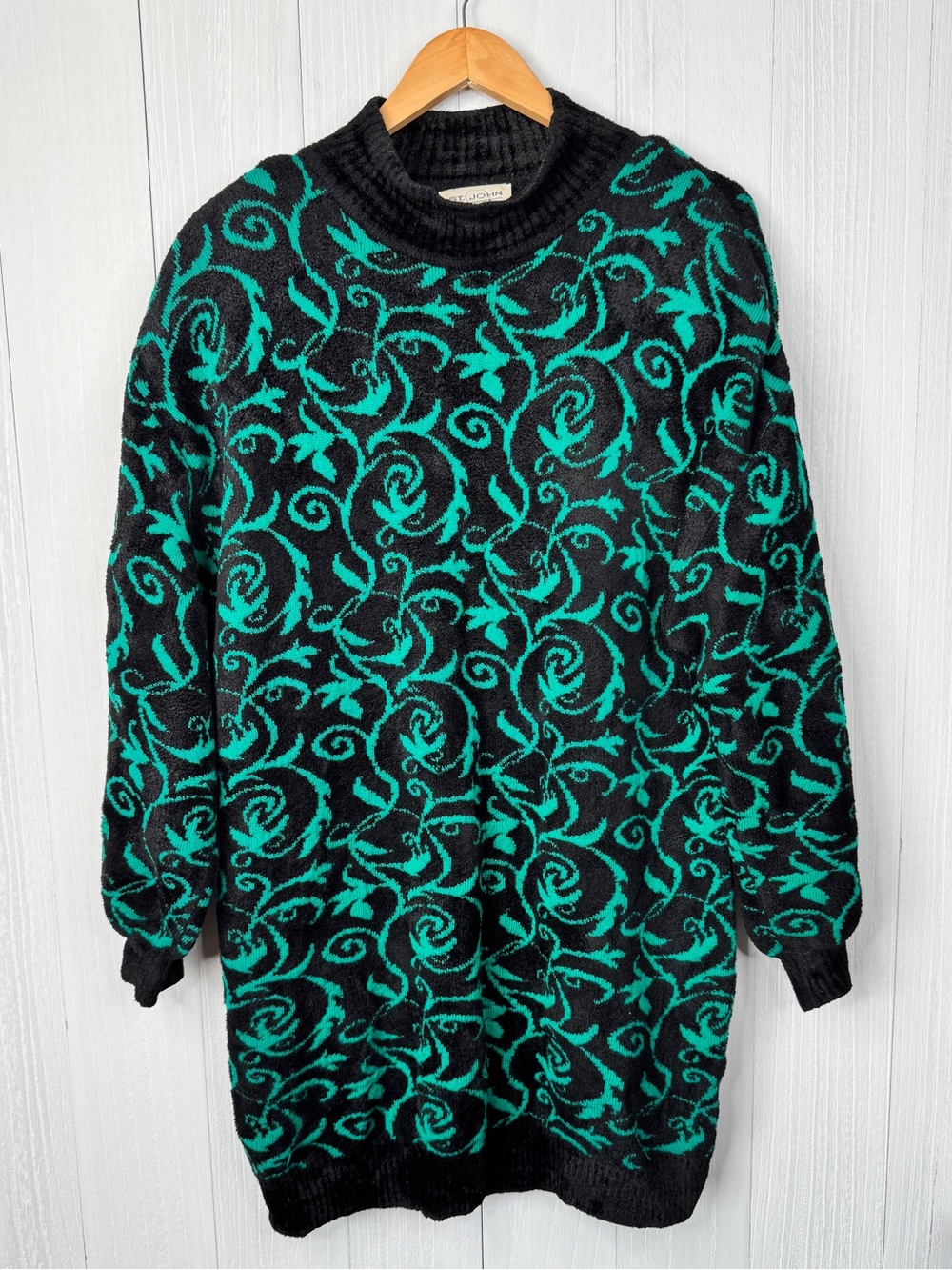 Vintage St. John Sportswear Floral Sweater Dress Black Green Pullover USA L